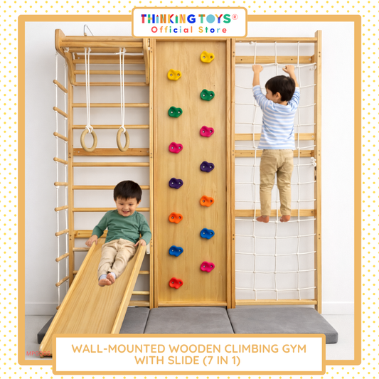 Wall-Mounted Wooden Climbing Gym with Slide (7 IN 1)