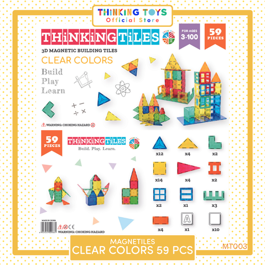 MT003, CLEAR COLORS 59-Piece Magnetic Tiles Set, Boosts imagination and problem-solving through colorful creations that enhance STEM learning and fine motor skills.