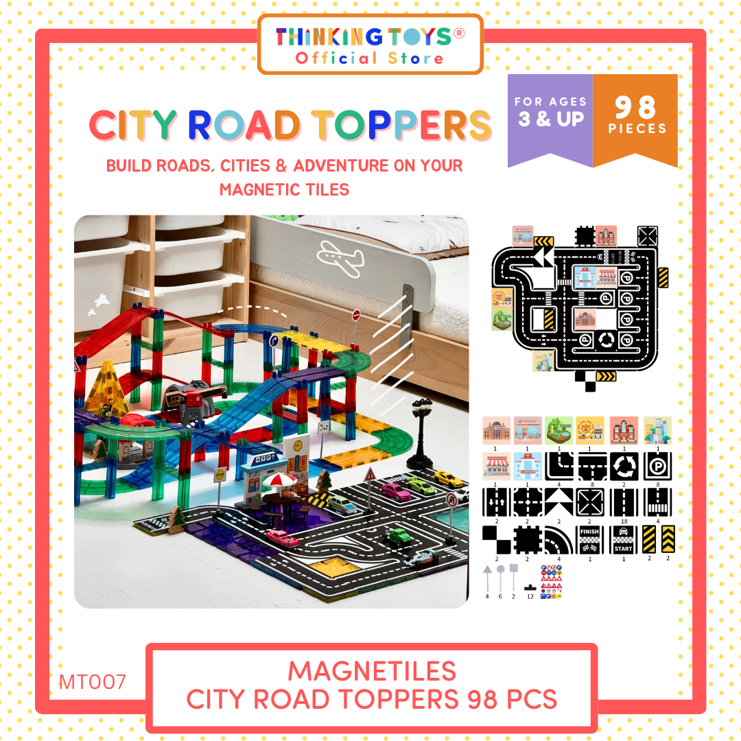 MT001, Magnetiles City Road Toppers, Take magnetic play to the next level with the Magnetiles City Road Toppers. Designed to snap perfectly onto your magnetic tiles, these pieces let kids build roads, highways, and entire city layouts. They encourage creativity, problem-solving, and STEM learning as children connect roads and tiles together. Perfect for ages 3 and up, this set transforms any play area into a bustling cityscape where toy cars can zoom and explore. Made with durable, child-safe materials, the