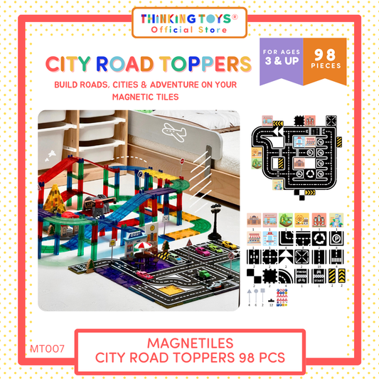 MT001, Magnetiles City Road Toppers, Take magnetic play to the next level with the Magnetiles City Road Toppers. Designed to snap perfectly onto your magnetic tiles, these pieces let kids build roads, highways, and entire city layouts. They encourage creativity, problem-solving, and STEM learning as children connect roads and tiles together. Perfect for ages 3 and up, this set transforms any play area into a bustling cityscape where toy cars can zoom and explore. Made with durable, child-safe materials, the
