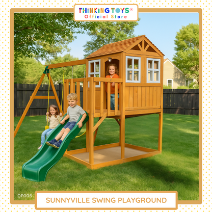 OP006, Sunnyville Swing Playground, The Sunnyville Swing Playground is built for active kids who love outdoor fun. Featuring swings and climbing features, this playground promotes balance, strength, and coordination. Made from durable materials and designed with safety in mind, it’s perfect for backyard play. Kids can enjoy hours of movement and adventure while parents love that it encourages physical activity and social play.