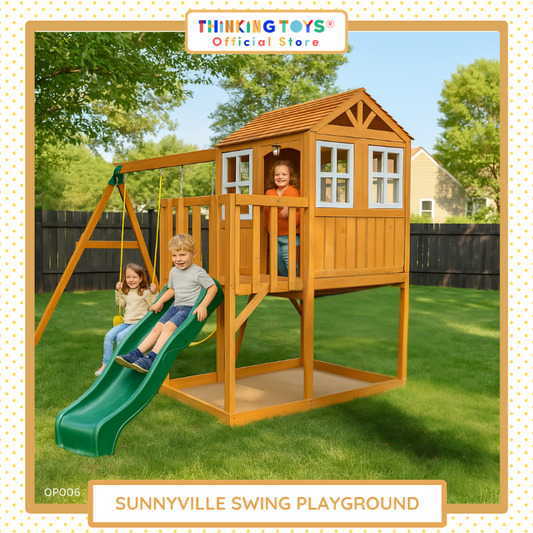 OP006, Sunnyville Swing Playground, The Sunnyville Swing Playground is built for active kids who love outdoor fun. Featuring swings and climbing features, this playground promotes balance, strength, and coordination. Made from durable materials and designed with safety in mind, it’s perfect for backyard play. Kids can enjoy hours of movement and adventure while parents love that it encourages physical activity and social play.