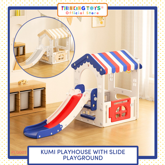 The KUMI Playhouse with Slide is a compact indoor playground that brings fun to rainy days. Kids can climb and slide safely, promoting active play, balance, and confidence indoors.