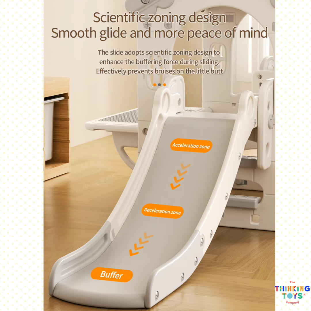The KUMI Playhouse with Slide is a compact indoor playground that brings fun to rainy days. Kids can climb and slide safely, promoting active play, balance, and confidence indoors.