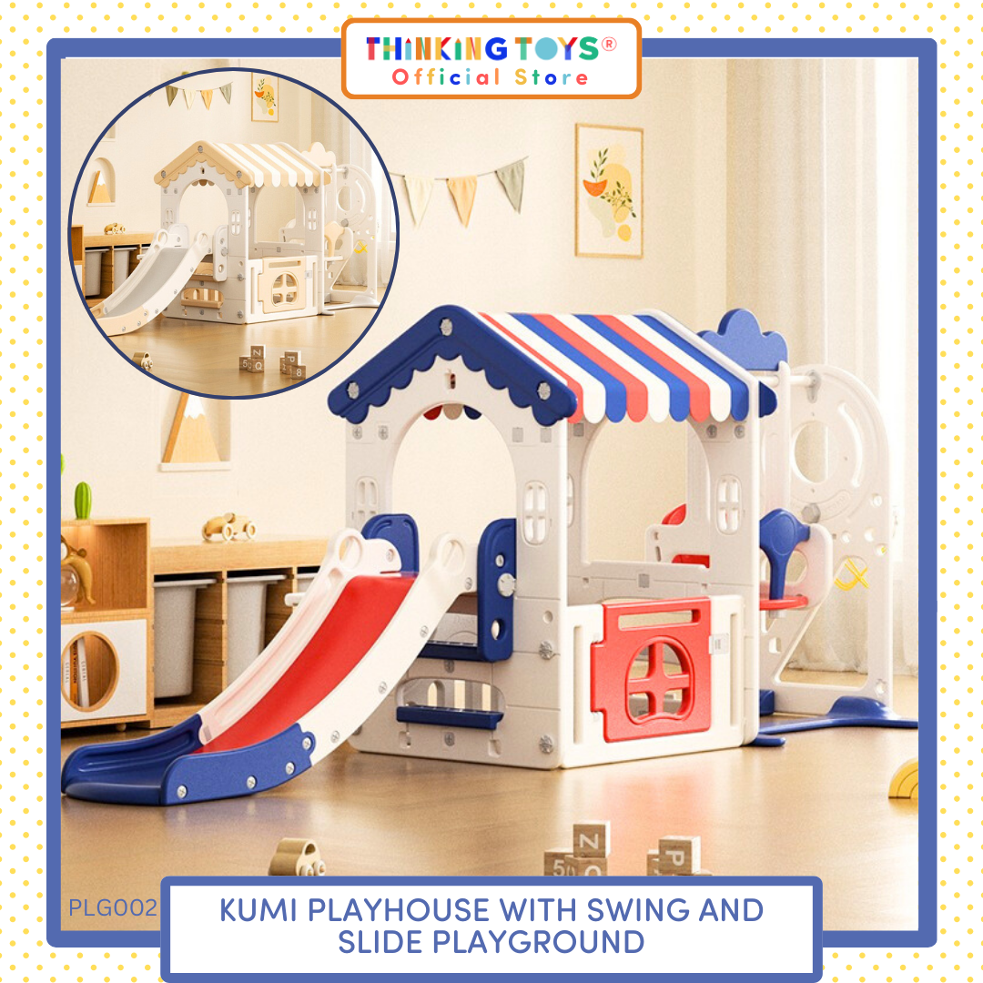 PLG002, Kumi Playhouse with Swing and Slide, Inspires active storytelling and teamwork with versatile backyard activities.