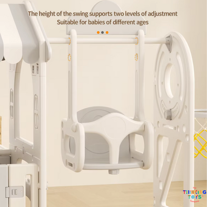 PLG002, Kumi Playhouse with Swing and Slide, Inspires active storytelling and teamwork with versatile backyard activities.