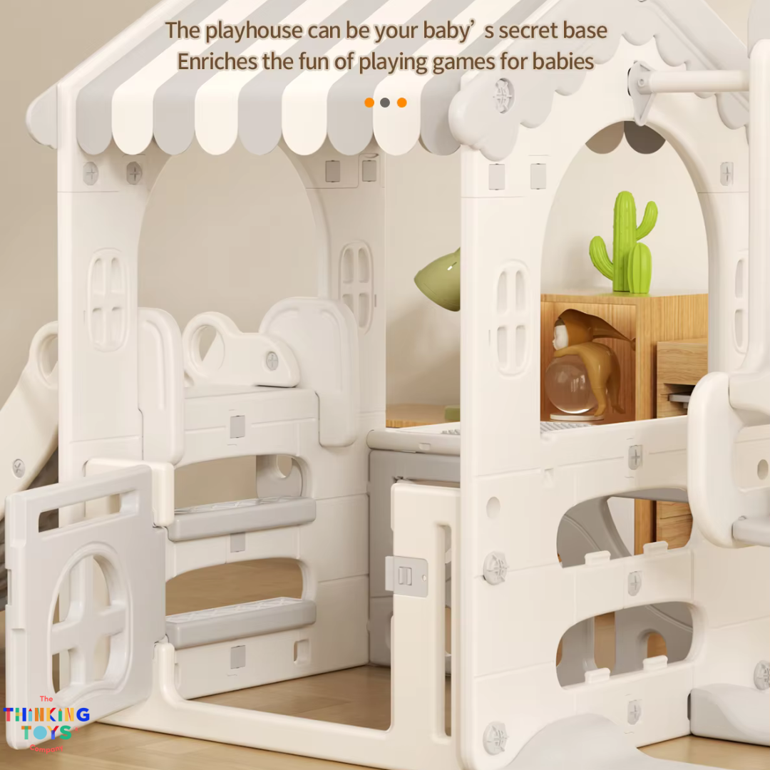 PLG002, Kumi Playhouse with Swing and Slide, Inspires active storytelling and teamwork with versatile backyard activities.