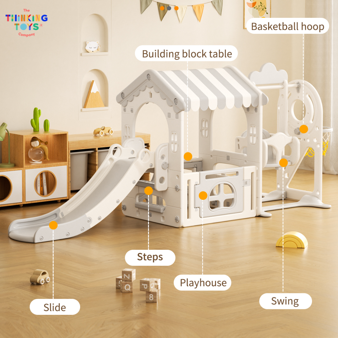 PLG002, Kumi Playhouse with Swing and Slide, Inspires active storytelling and teamwork with versatile backyard activities.