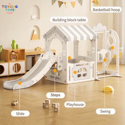 PLG002, Kumi Playhouse with Swing and Slide, Inspires active storytelling and teamwork with versatile backyard activities.