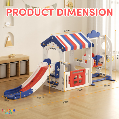 PLG002, Kumi Playhouse with Swing and Slide, Inspires active storytelling and teamwork with versatile backyard activities.