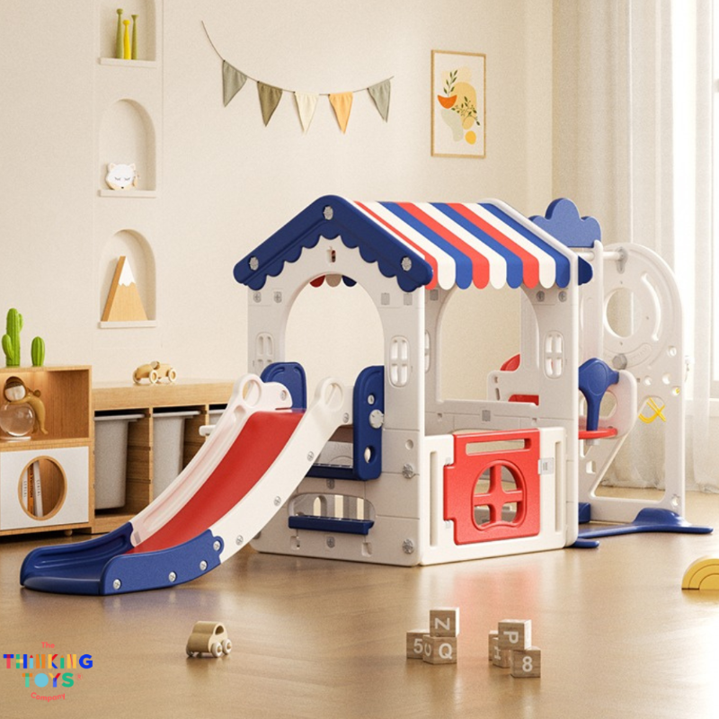 PLG002, Kumi Playhouse with Swing and Slide, Inspires active storytelling and teamwork with versatile backyard activities.