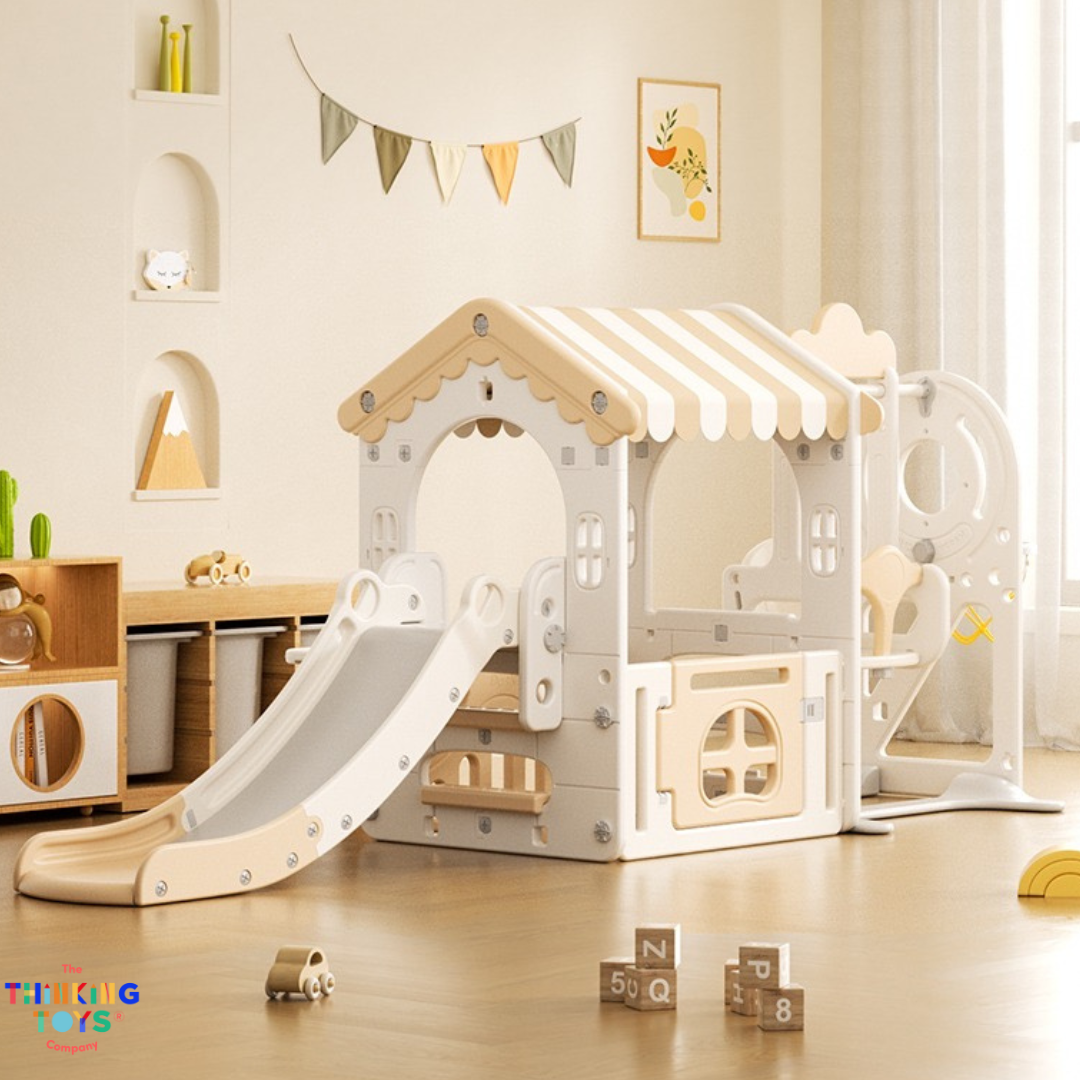 PLG002, Kumi Playhouse with Swing and Slide, Inspires active storytelling and teamwork with versatile backyard activities.