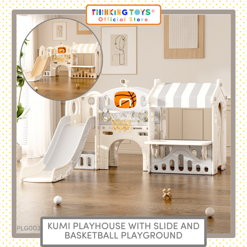 PLG003, Kumi Playhouse with Slide and basketball, Adds energy to playtime with combined climbing, sliding, and ball games.