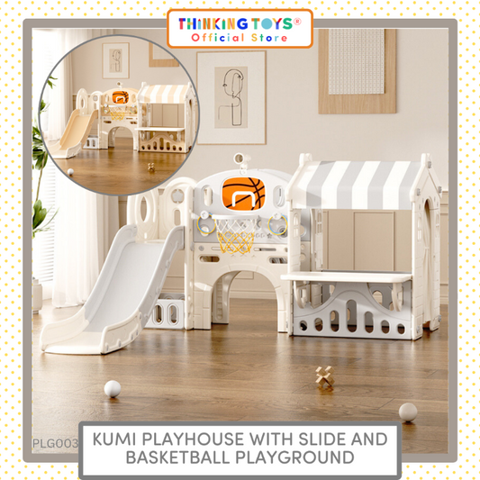 PLG003, Kumi Playhouse with Slide and basketball, Adds energy to playtime with combined climbing, sliding, and ball games.