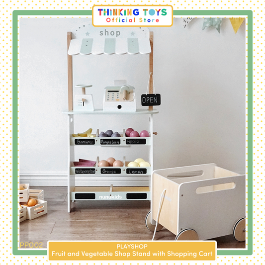 PP002, PLAYSHOP Fruit and Vegetable Shop Stand with Shopping Cart, Sparks pretend marketplace fun that teaches kids teamwork, creativity, and communication.