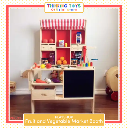 PP003, PLAYSHOP Wooden Fruit and Vegetable Market Booth Playset, Builds storytelling and imaginative play as children role play shopping and selling.