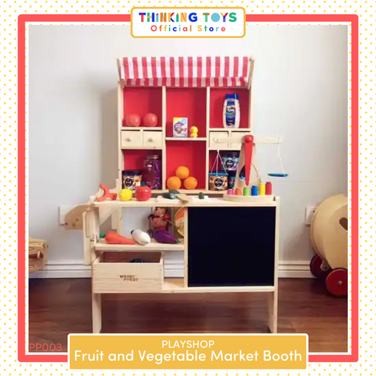 PP003, PLAYSHOP Wooden Fruit and Vegetable Market Booth Playset, Builds storytelling and imaginative play as children role play shopping and selling.