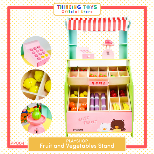 PP004, PLAYSHOP Wooden Fruit and Vegetables Stand Playset, Inspires interactive pretend play that helps children explore social skills and creativity.