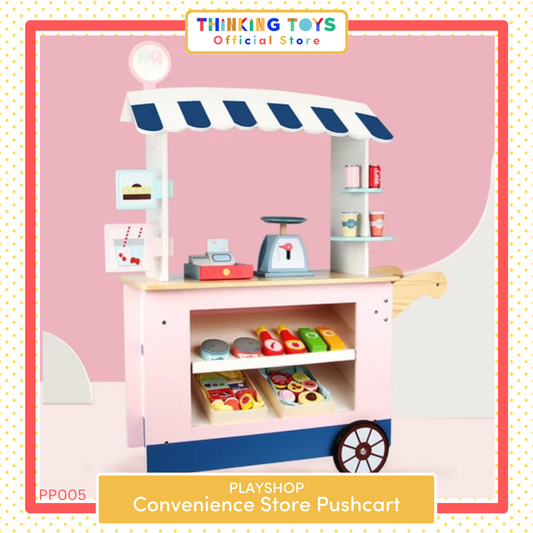 PP005, PLAYSHOP Wooden Convenience Store Pushcart Playset, Fosters fun dessert role play where kids learn sharing, imagination, and social play.