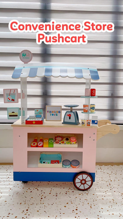 PP005, PLAYSHOP Wooden Convenience Store Pushcart Playset, Fosters fun dessert role play where kids learn sharing, imagination, and social play.