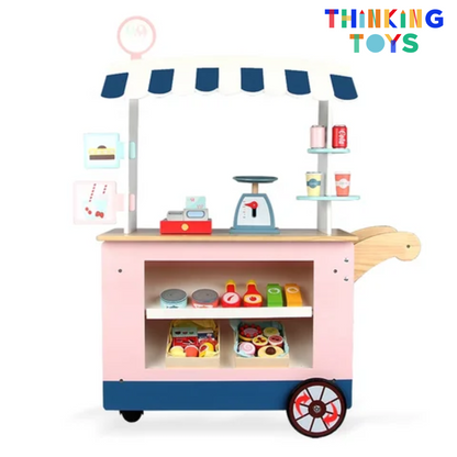 PP005, PLAYSHOP Wooden Convenience Store Pushcart Playset, Fosters fun dessert role play where kids learn sharing, imagination, and social play.