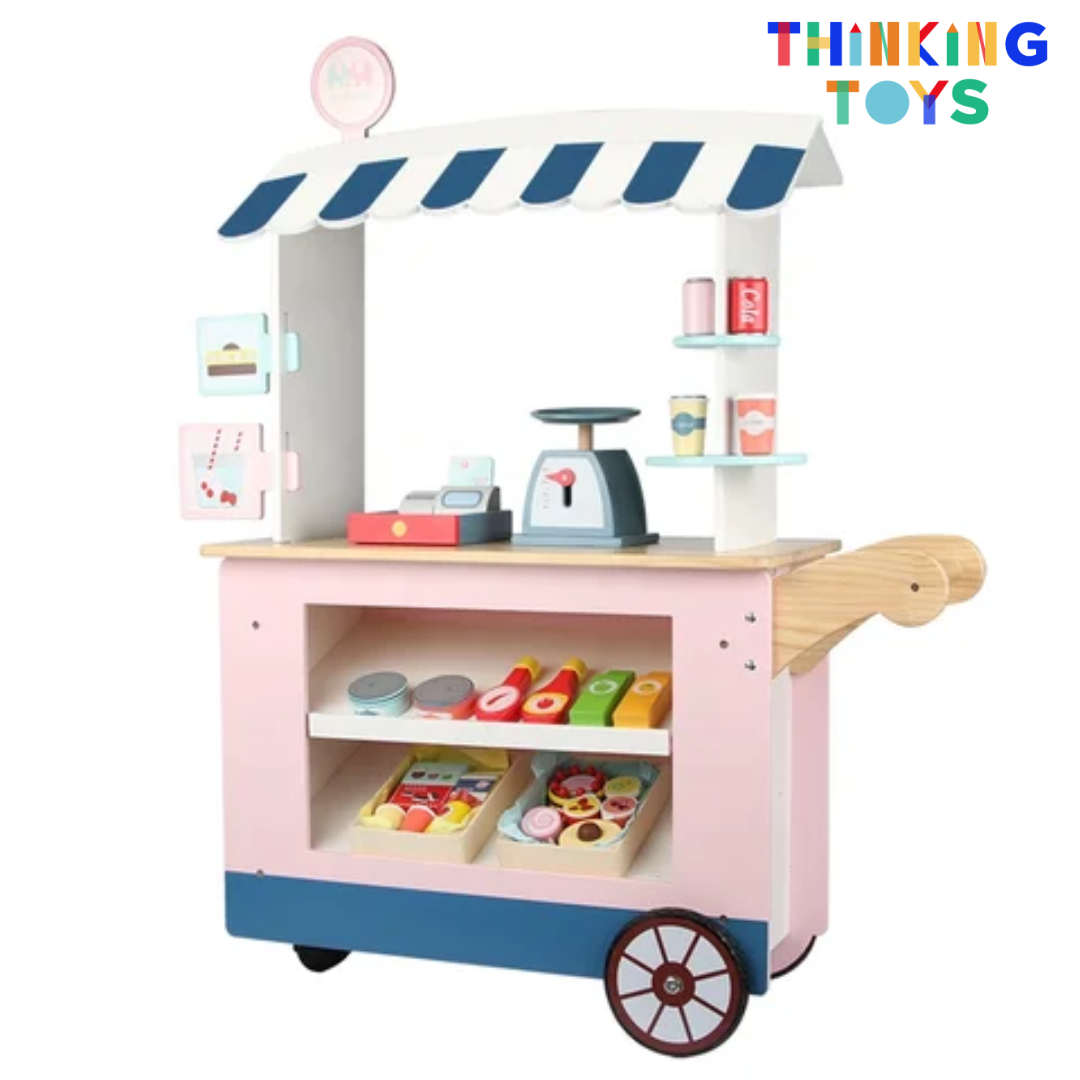 PP005, PLAYSHOP Wooden Convenience Store Pushcart Playset, Fosters fun dessert role play where kids learn sharing, imagination, and social play.