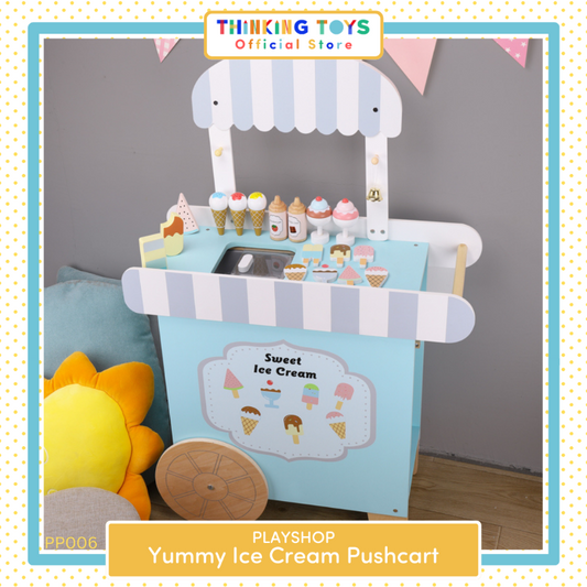 PP006, PLAYSHOP Wooden Yummy Ice Cream Pushcart Playset, Supports creativity and social interaction as kids pretend to grill and serve meals.