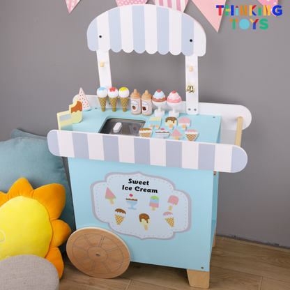 PP006, PLAYSHOP Wooden Yummy Ice Cream Pushcart Playset, Supports creativity and social interaction as kids pretend to grill and serve meals.