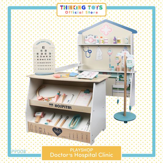 PP008, PLAYSHOP Wooden Doctor's Hospital Clinic Playset, Teaches responsibility and independence while making tidying fun through playful role play.
