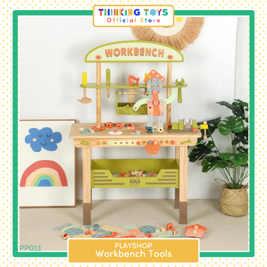 "PP011
, PLAYSHOP Wooden Workbench Tools Playset, Fosters imaginative cooking role play that helps children explore teamwork and storytelling."