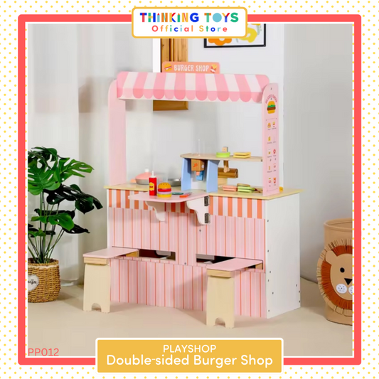 PP012, PLAYSHOP Wooden Double-sided Burger Shop Playset, Creates interactive fun where kids role play shopping, selling, and sharing with friends.