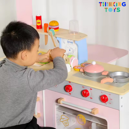 PP012, PLAYSHOP Wooden Double-sided Burger Shop Playset, Creates interactive fun where kids role play shopping, selling, and sharing with friends.