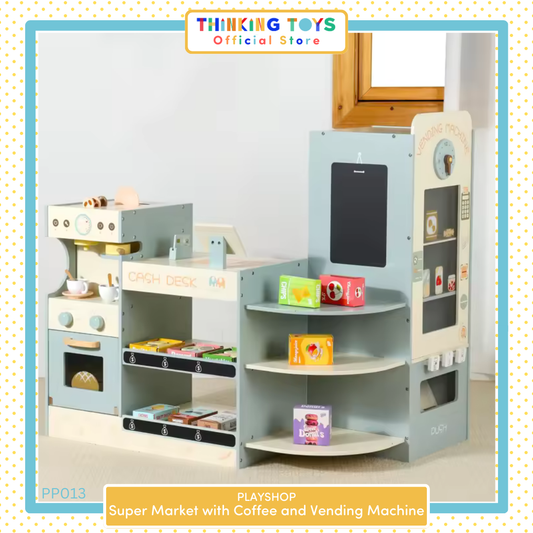 "PP013, Super Market with
Coffee and Vending Machine, Promotes imaginative role play, teamwork, and learning as kids set up their own market."