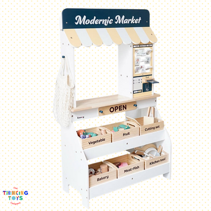 PP014, Modern Market Booth plus accessories C and D , Sparks pretend self-care play while encouraging organization, creativity, and storytelling.