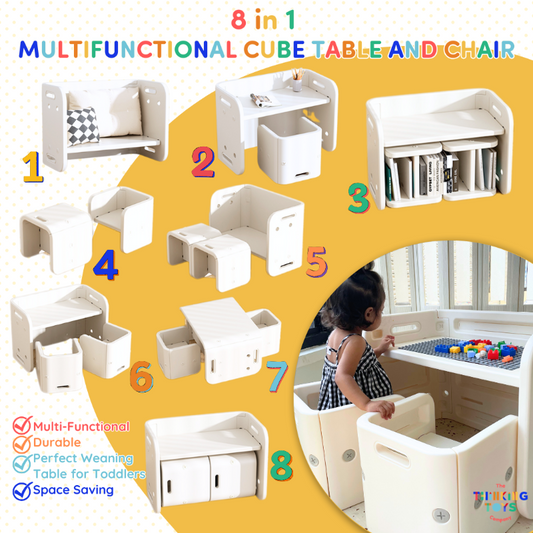 PTC-002, 8 in 1 Multifunctional Cube Table and Chairs, Provides comfort and stability to help children stay engaged during learning.