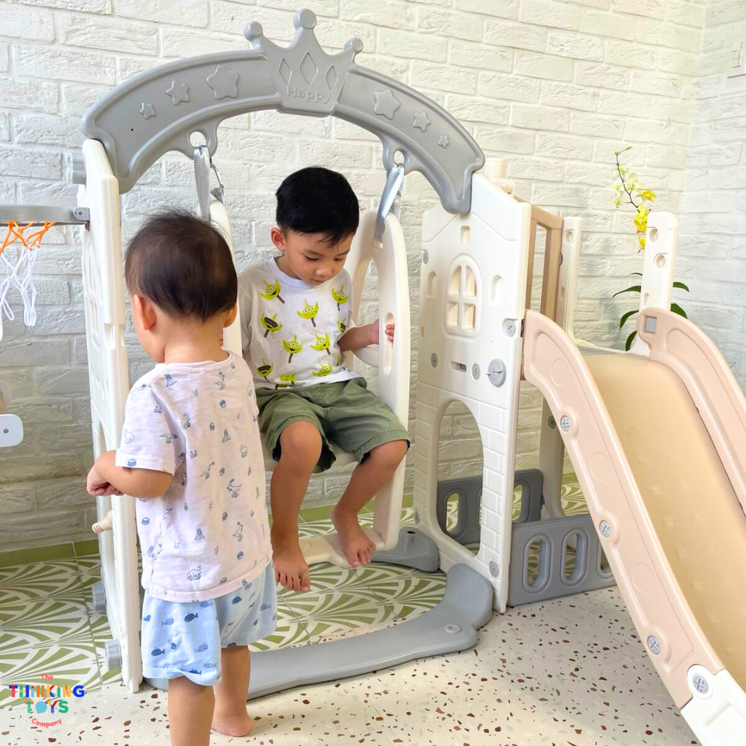 SL004, River Swing with Slide, Sparks curiosity with hands-on sensory play that develops imagination and fine motor skills.