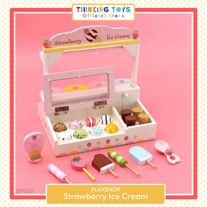 SP002, PLAYSHOP Wooden Strawberry Ice Cream Playset, Sparks creativity and social interaction through playful pretend dessert making.