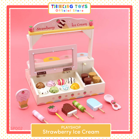SP002, PLAYSHOP Wooden Strawberry Ice Cream Playset, Sparks creativity and social interaction through playful pretend dessert making.