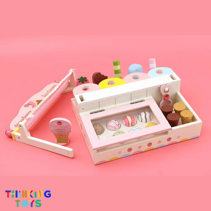 SP002, PLAYSHOP Wooden Strawberry Ice Cream Playset, Sparks creativity and social interaction through playful pretend dessert making.