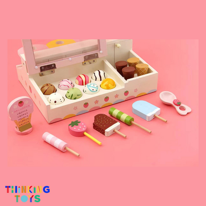 SP002, PLAYSHOP Wooden Strawberry Ice Cream Playset, Sparks creativity and social interaction through playful pretend dessert making.