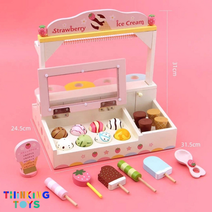 SP002, PLAYSHOP Wooden Strawberry Ice Cream Playset, Sparks creativity and social interaction through playful pretend dessert making.