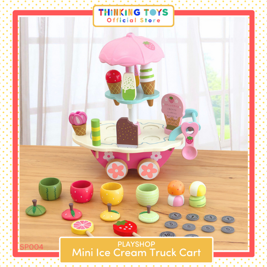 SP004, PLAYSHOP Wooden Mini Ice Cream Truck Cart Playset, Creates fun dessert scenarios that encourage creativity and teamwork in role play.