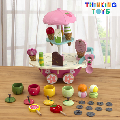 SP004, PLAYSHOP Wooden Mini Ice Cream Truck Cart Playset, Creates fun dessert scenarios that encourage creativity and teamwork in role play.