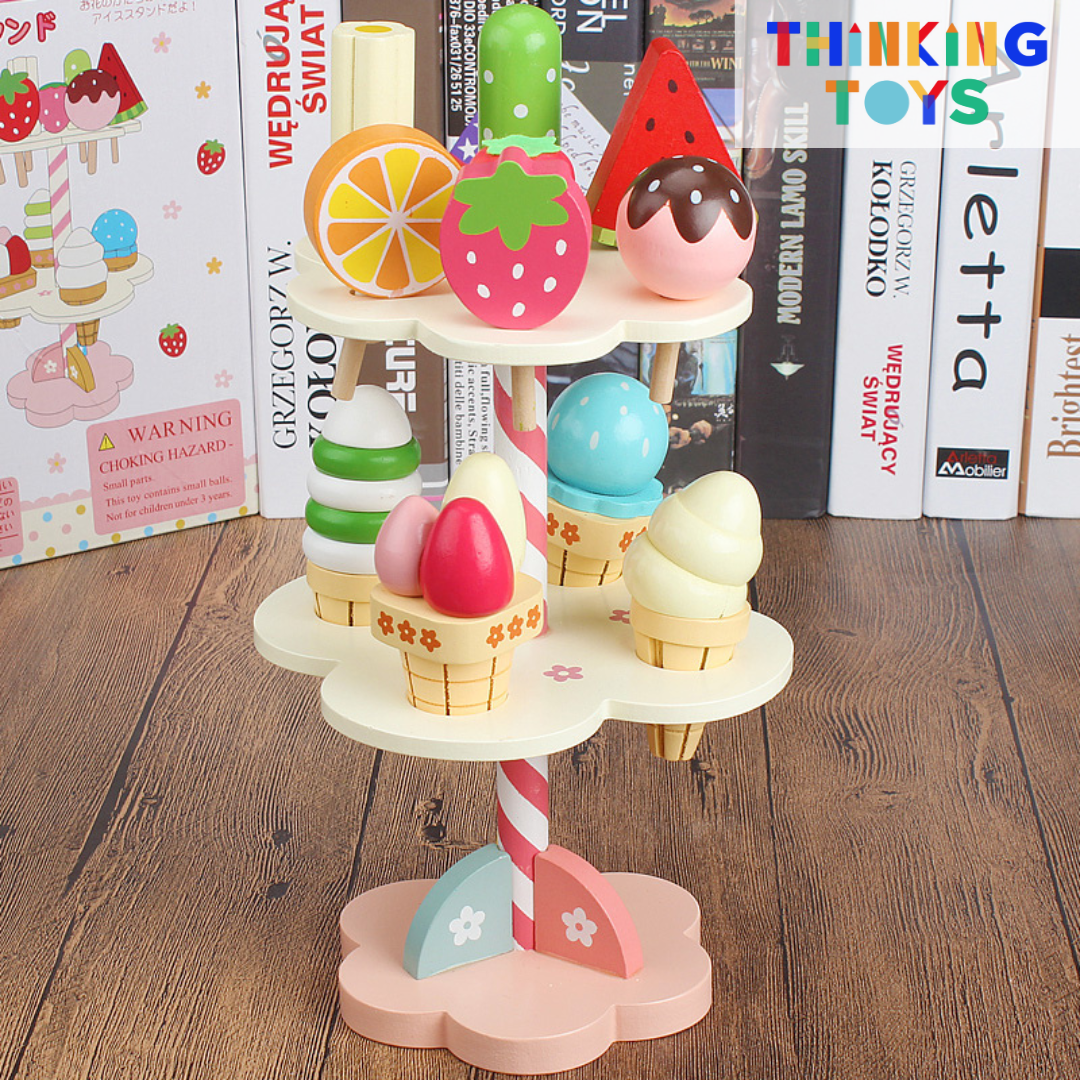 SP005, PLAYSHOP Wooden Double Layer Ice Cream Playset, Builds empathy and curiosity while inspiring pretend caregiving and learning.