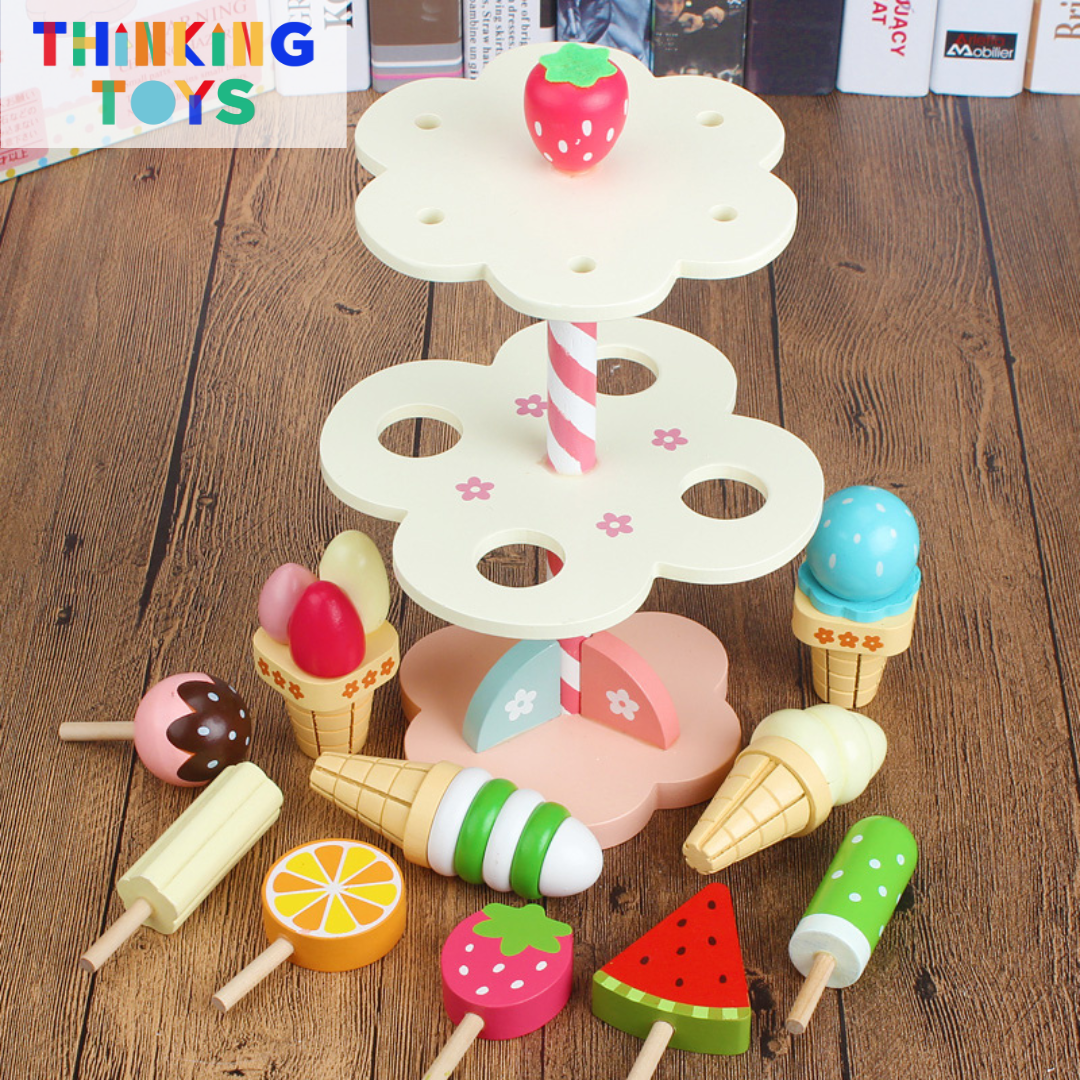 SP005, PLAYSHOP Wooden Double Layer Ice Cream Playset, Builds empathy and curiosity while inspiring pretend caregiving and learning.