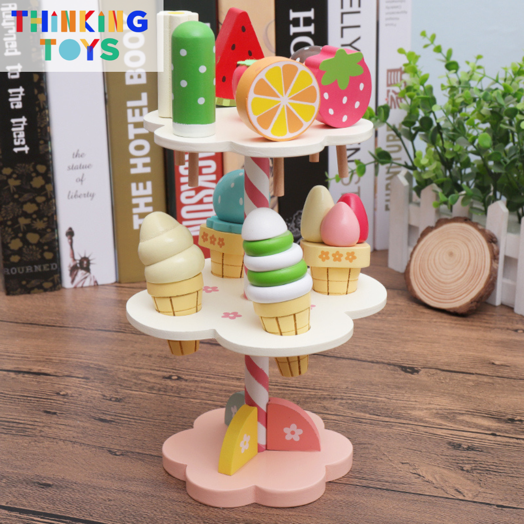SP005, PLAYSHOP Wooden Double Layer Ice Cream Playset, Builds empathy and curiosity while inspiring pretend caregiving and learning.