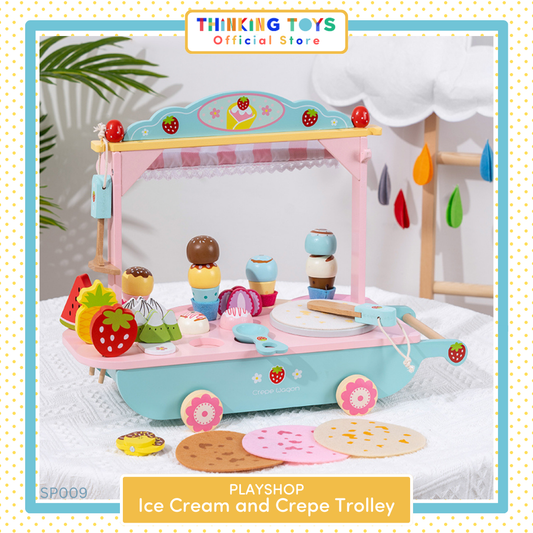 SP009, PLAYSHOP Wooden Ice Cream and Crepe Trolley Playset, Inspires storytelling and fun role play where kids serve treats to friends and family.