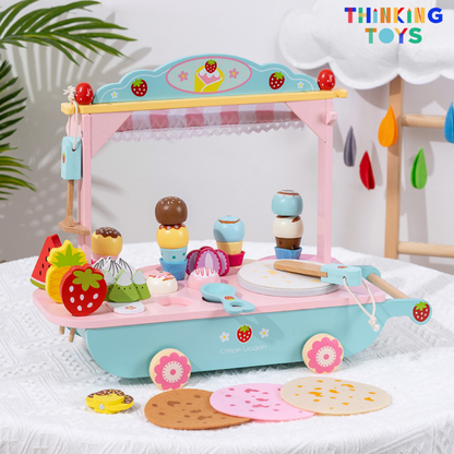 SP009, PLAYSHOP Wooden Ice Cream and Crepe Trolley Playset, Inspires storytelling and fun role play where kids serve treats to friends and family.