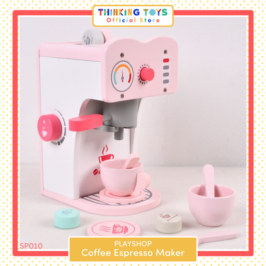 SP010, PLAYSHOP Wooden Coffee Espresso Maker Playset, Fosters barista-style pretend play while sparking creativity and social imagination.