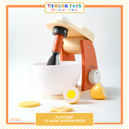 SP022, PLAYSHOP Classic Wooden Mixer, The Playshop Classic Wooden Mixer is a fun and educational toy for kids who love baking. With a realistic mixer design and child-sized accessories, it encourages role play, fine motor skills, and creativity. Children can pretend to whip up cakes and cookies, building imagination and independence. Made with durable wooden materials, this playset is safe, long-lasting, and perfect for young aspiring chefs.